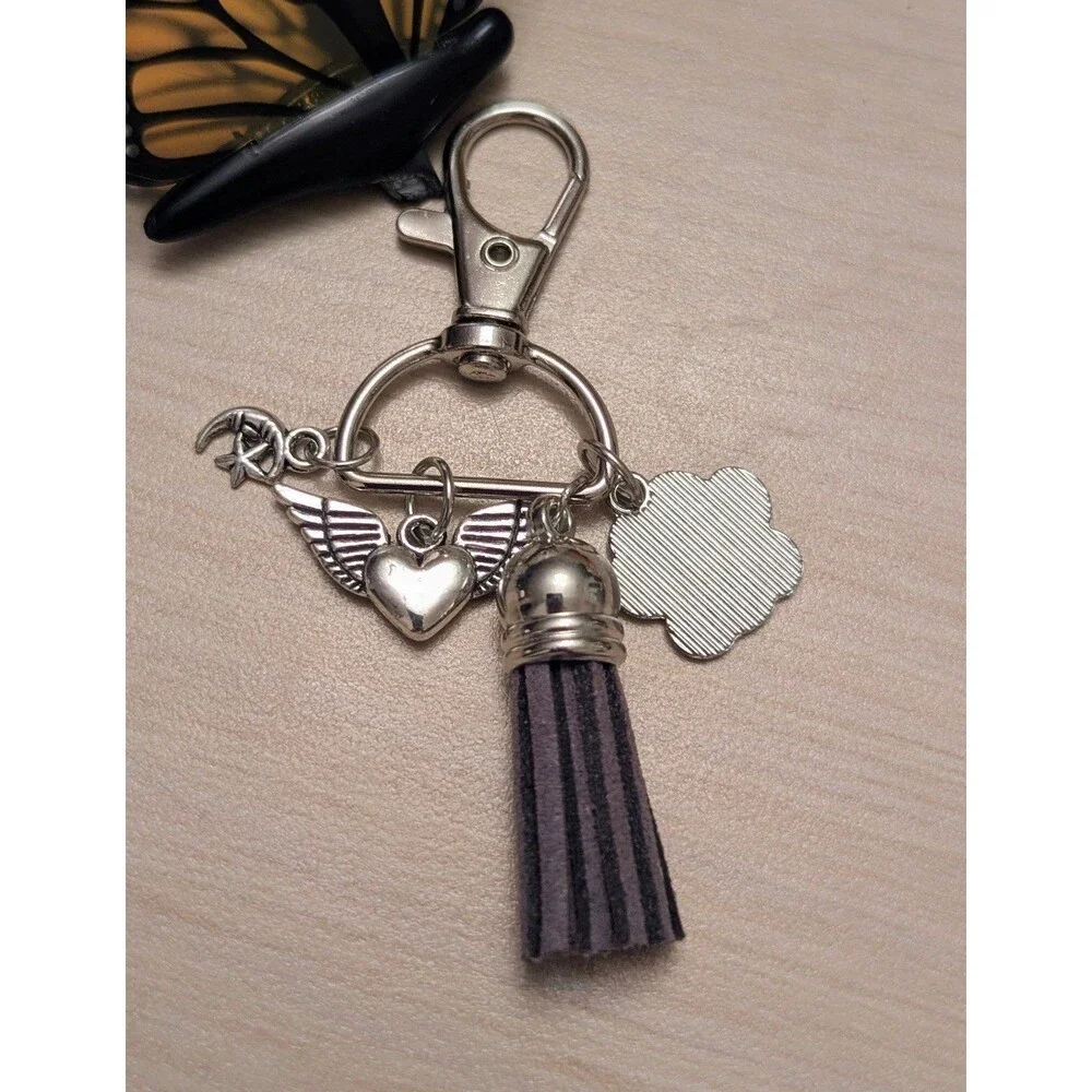 Sympathy Heart Wing Glitter Silver Pet Paw Zipper Charms Clip Keychain